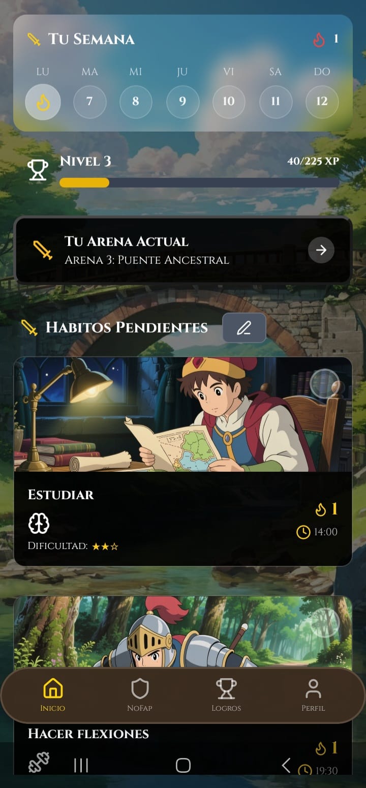 Dashboard principal con calendario semanal y hábitos pendientes