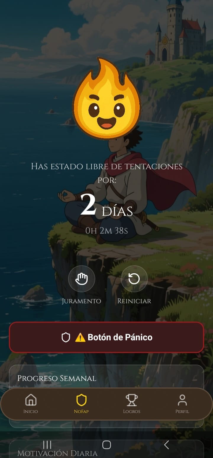 Pantalla NoFap con contador de días y botón de emergencia